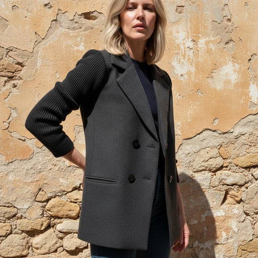 Macys Wear - Arkar | Double-Breasted Knit-Sleeve Coat Women